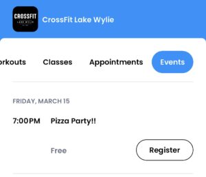 Screenshot of PushPress app showing where to register for pizza party